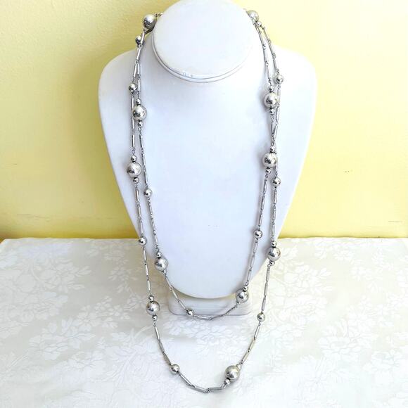 Vintage Silver Tone Bead Ball Link Long / Layered Chain Necklace, Sphere Fashion - Picture 5 of 12